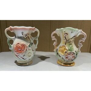 2 Vintage Decorative 3D Floral Double Handled Pitcher Vase Made In‎ Brazil 5"